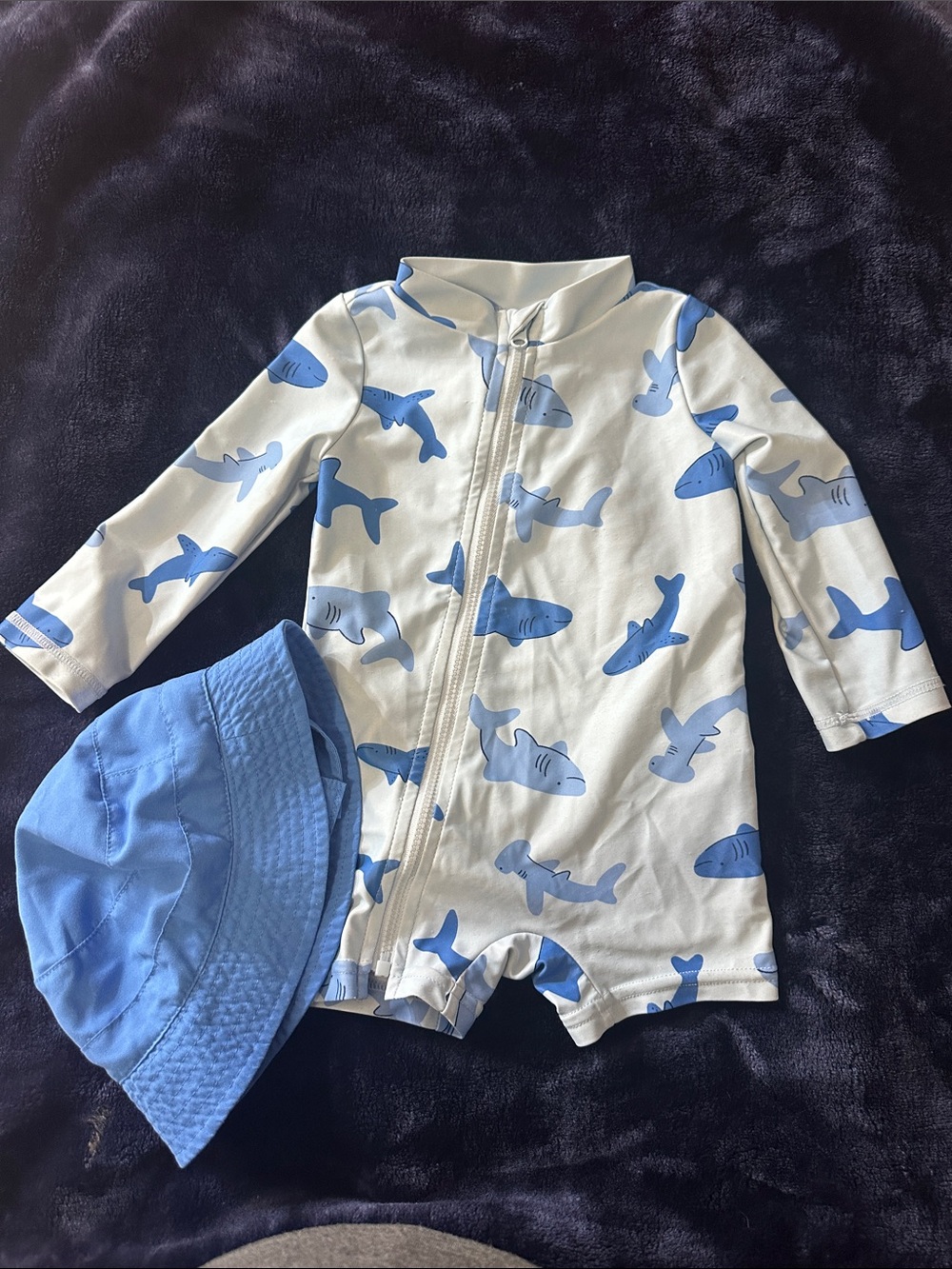 Carter's Blue & White Shark Print Rash Guard Swimsuit with Blue Bucket Hat
